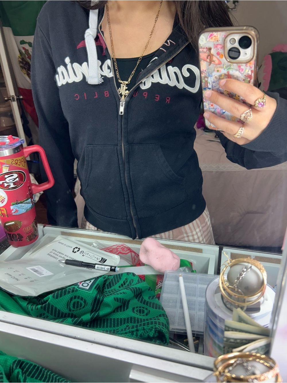 Black Zip-Up Graphic Hoodie - Casual Women’s Top